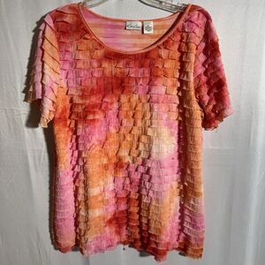Kim Rogers Woman 2X Textured Ruffle Top Pink Orange Short Sleeve Summer Casual